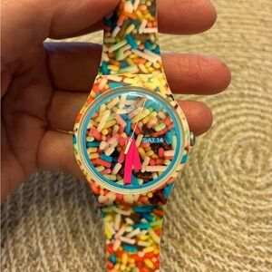 Swatch Sprinkle Pattern Watch with Pink and Blue Accents